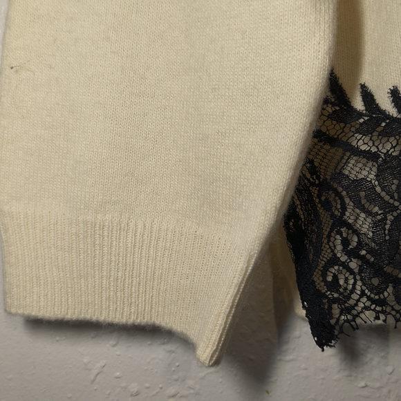 Valentino Beige Long Sleeve Top with Black Lace Wool + Cashmere Size L - Picture 6 of 13